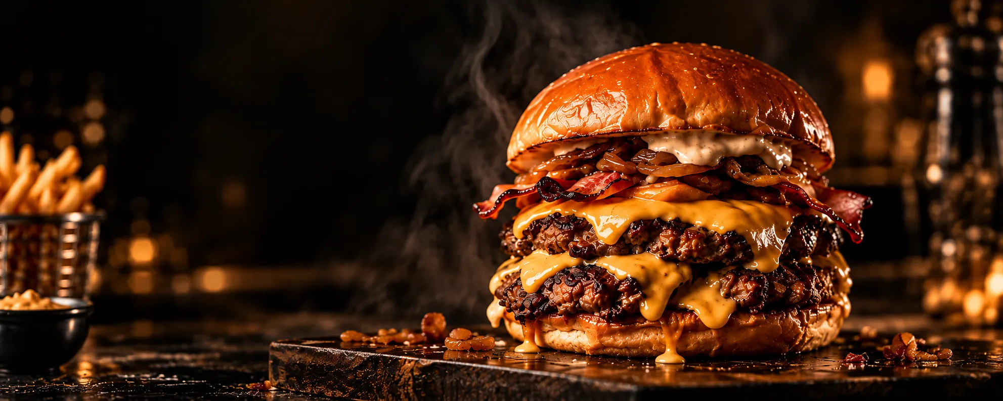 Smash burger doble con cheddar fundido, bacon crispy y cebolla caramelizada