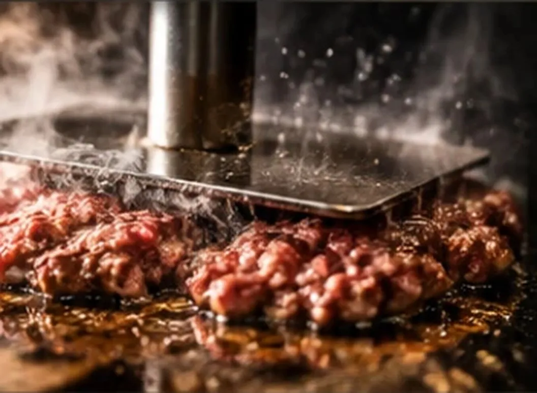 Carne fresca aplastada contra la plancha con la técnica smash